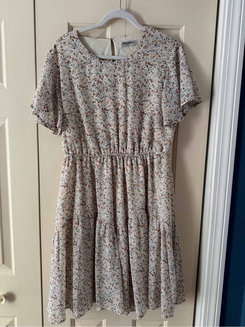 Floral Tiered Cream Dress with Blue and Rust Accents